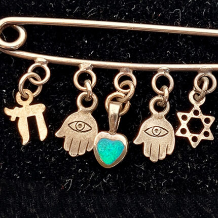 925 Sterling Silver Baby Pin Brooch With Star Of David, Hamsa And Chai Charms