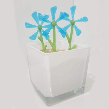 0007 Fused Glass Turquoise Flowers In Cube Glass Flower Pot